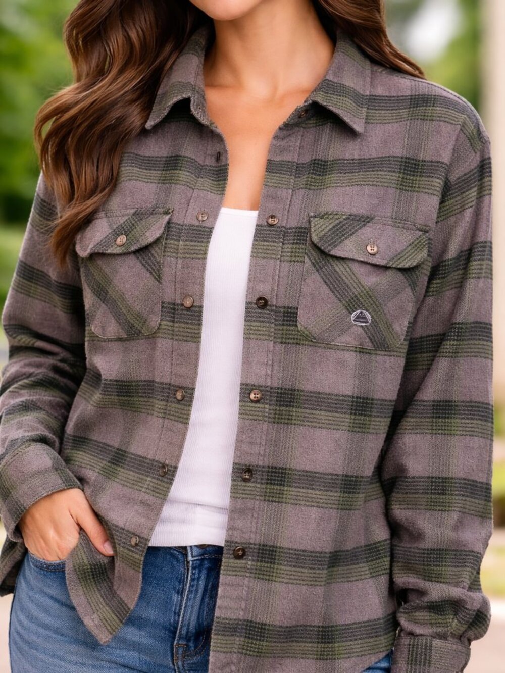 First Down USA Mens XL Plaid Flannel Shirt Gray Green Outdoor Hiking Button Up